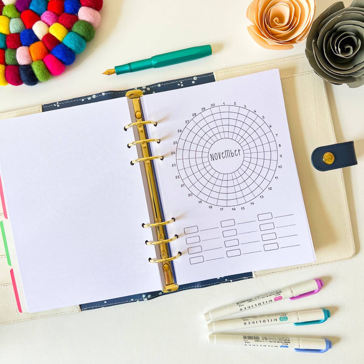 An open Monthly Habit Tracker lies on a table, displaying a circular calendar for November with blanks for weekly entries. Surrounding the tracker, designed for goal setting, are colorful markers, a multicolored wool pom-pom coaster, a green pen, and decorative items resembling flowers.