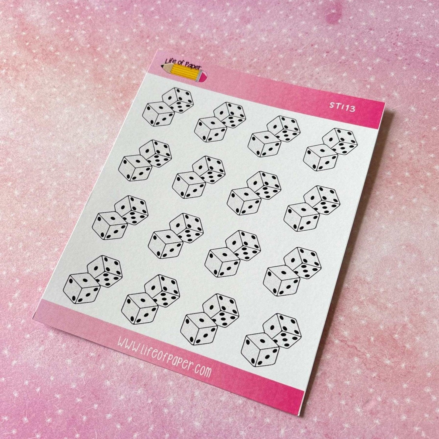 The Dice Planner Stickers feature black-and-white dice designs on a pink polka dot background, making them perfect for your bullet journal.