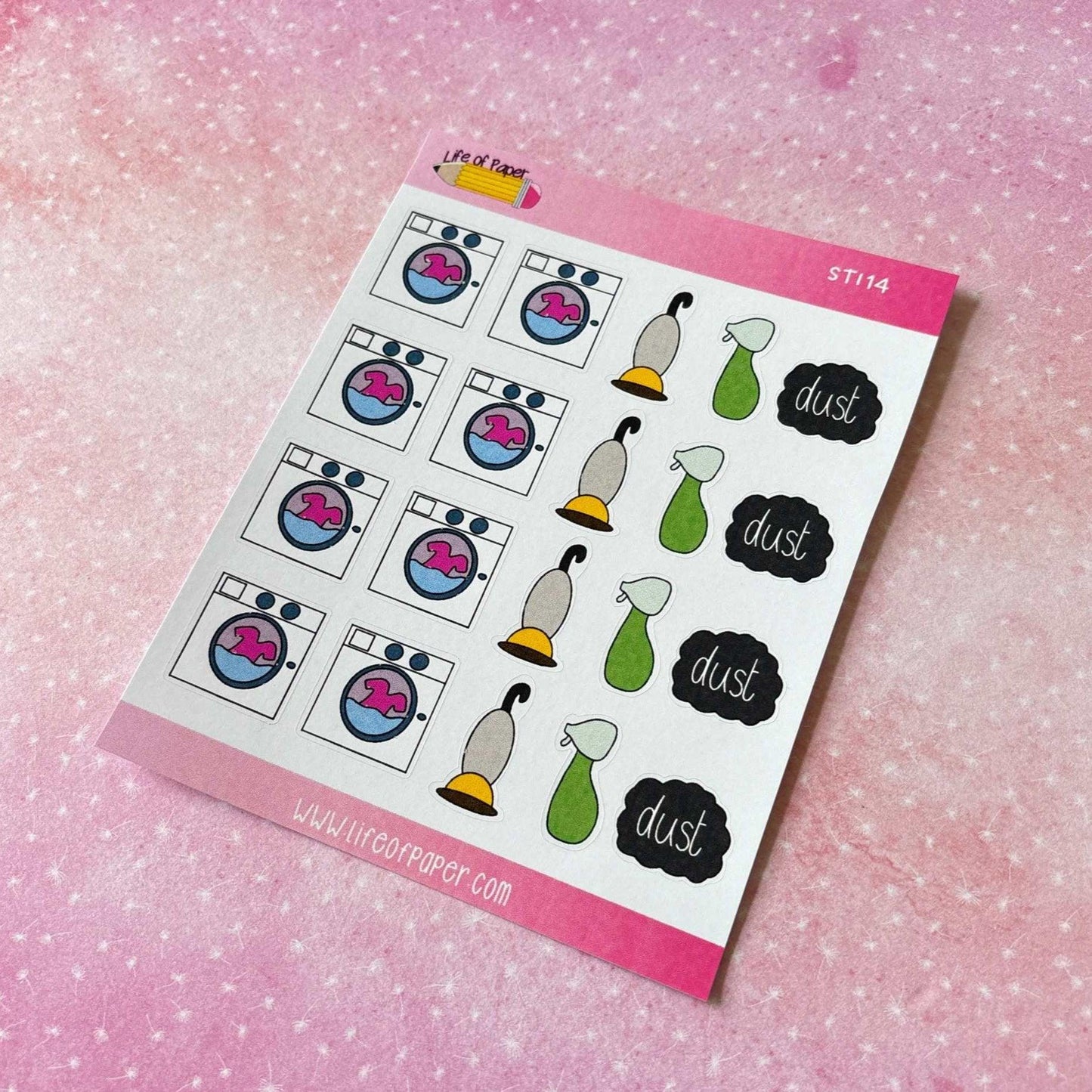 A vibrant set of Cleaning Planner Stickers featuring illustrations of washing machines, vacuum cleaners, and the word "dust" on a pink speckled background—ideal for planning and organizing household chores.