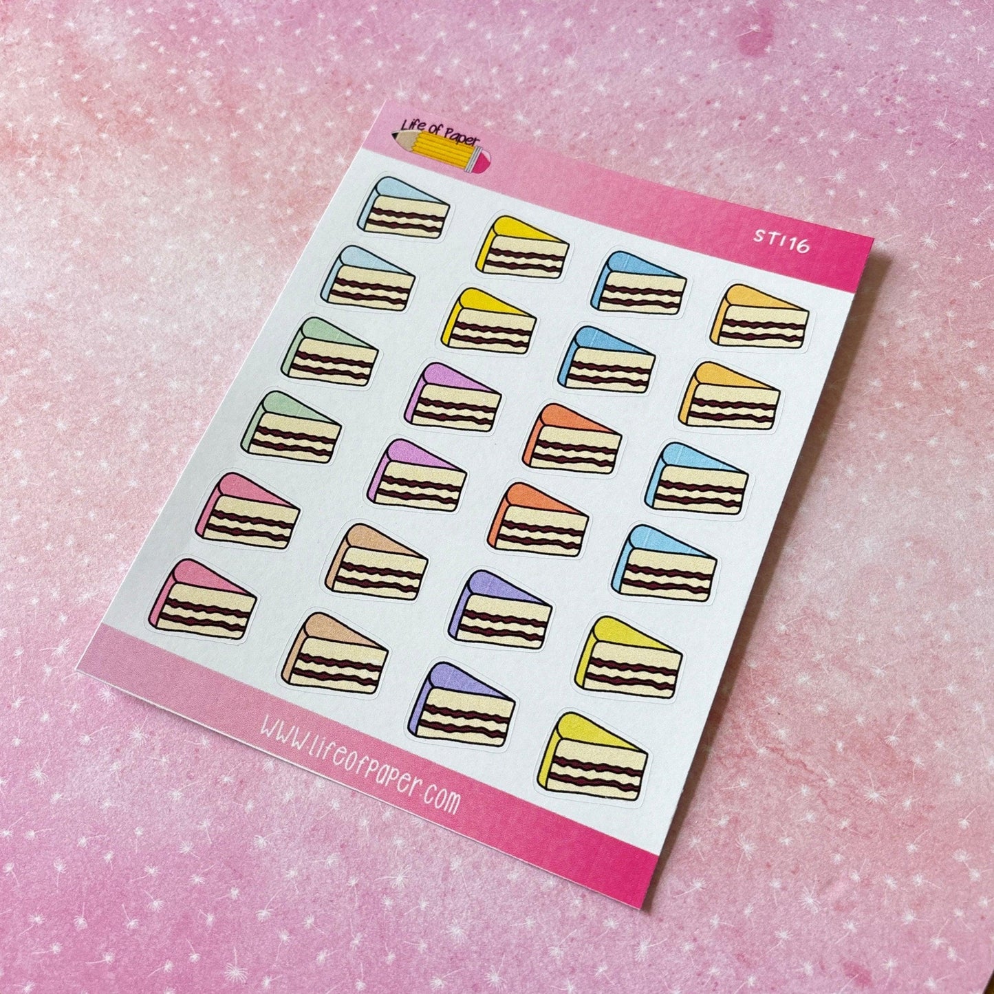 The Birthday Cake Planner Stickers sheet, featuring a variety of colored cake slice designs, is set against a pink, textured background.