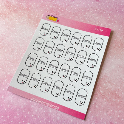 A set of small, white Medication Planner Stickers labeled with "Order" and "Collect," ideal for organizing medications, displayed on a pink background with a subtle gradient and speckled pattern.