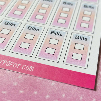 A close-up image of a printed sheet of Bill Tickbox Planner Stickers, each with a small blank checkbox, on a pink gradient background with white text.