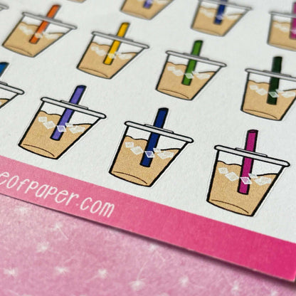 Illustration of multiple iced coffee cups with straws in various colors, arranged in a neat grid, perfect for a Summer Planner Sticker Sheet featuring our Iced Coffee Stickers.