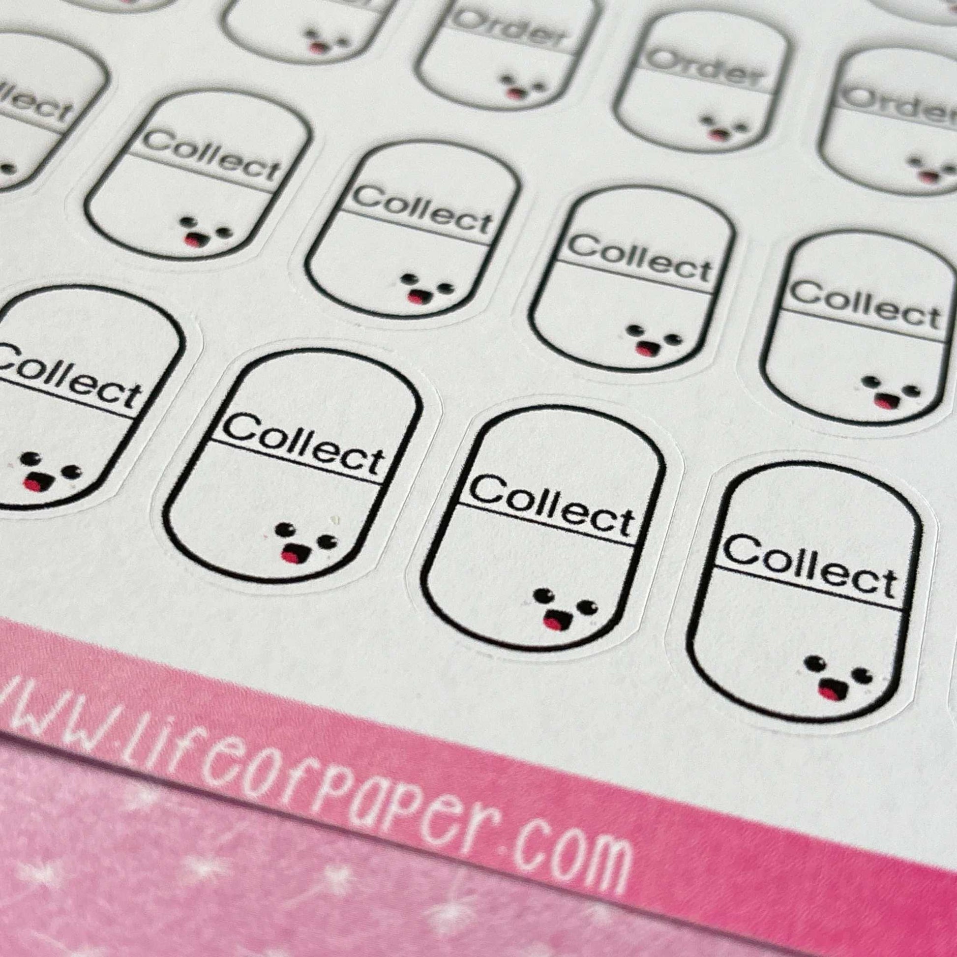 The Medication Planner Stickers feature a sheet of various pill-shaped designs, each labeled "Collect" or "Order," all with smiling faces and pink cheeks. They are perfect for helping you stay organized and on track with your medication planning.