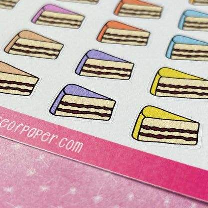 A sheet featuring stickers of various colored cake slices, with a pink border at the bottom displaying the partial text "forpaper.com." Perfect for adding to your Birthday Cake Planner Stickers collection.