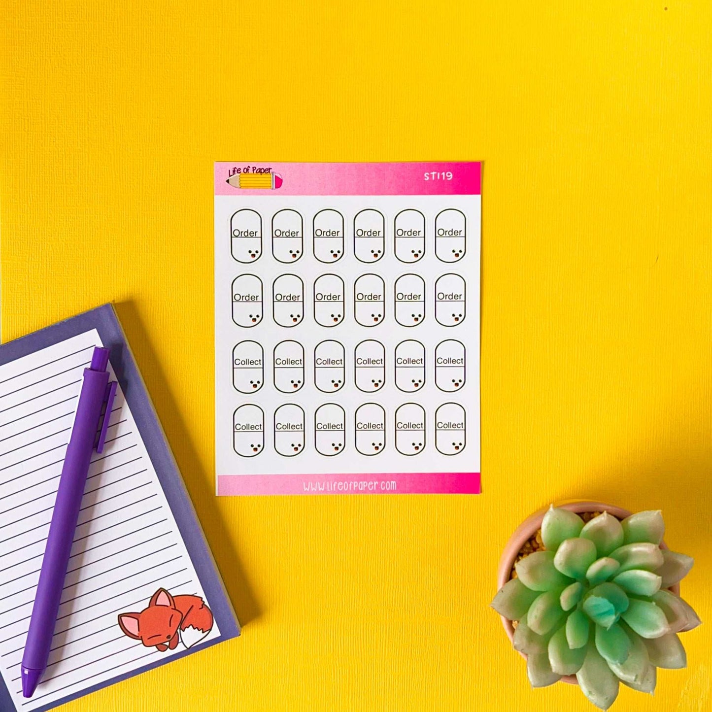 A vibrant yellow background features a purple notebook with a pen on the left, a potted succulent on the right, and a sheet of cute "Order" and "Collect" Medication Planner Stickers in the center. The notebook has a small fox illustration in the bottom corner.