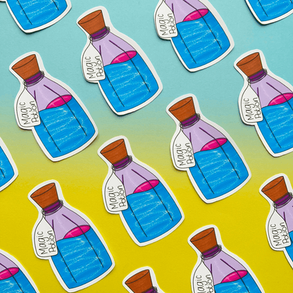 Stickers featuring glass bottles labeled "Magic Potion," filled with color-changing potions in blue and pink hues, are displayed on a gradient blue and yellow background. Each Magic Potion Sticker is crafted from strong matte vinyl, ensuring durability and charm in any setting.