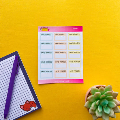 A colorful sheet of "Saving Amount Planner Stickers", a lined notepad with a fox illustration and a purple pen on the left, and a small green succulent plant in a yellow pot on the right, all placed on a vibrant yellow background. Perfect additions for your Happy Planner or Save Money Planner!