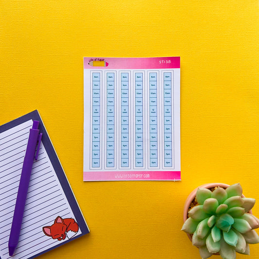 A brightly colored workspace features a lined notepad with a purple pen, Daily Schedule Planner Stickers on a sticky note pad, and a small succulent plant in a pot. The vibrant yellow surface background inspires productivity and helps keep your daily schedule in check.