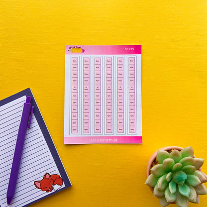 A small pink and white sticker sheet labeled "Daily Schedule Planner Stickers" with date stickers for every day of the month, perfect for your daily schedule, is placed on a bright yellow background. Next to it, there is a notepad with a purple pen and a small cactus plant in a light green pot—ideal for boosting productivity.