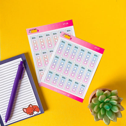 The image displays two sheets of Bill Tickbox Planner Stickers, a lined notepad with a cartoon fox, a purple pen, and a small potted succulent, all set against a bright yellow background.