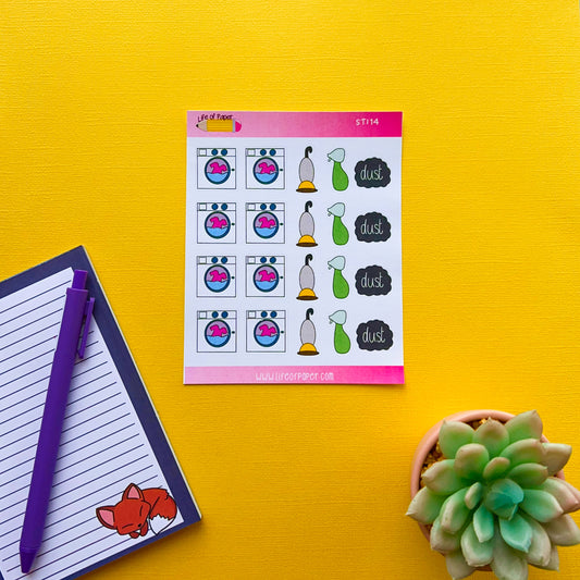 A neatly arranged flat lay featuring a Cleaning Planner Stickers sheet with colorful stickers depicting washing machines, vacuum cleaners, and "dust" text. To the left, there's a notepad with a purple pen and a fox sticker—perfect for organising house chores. A small green succulent is placed on the lower right. The background is bright yellow.