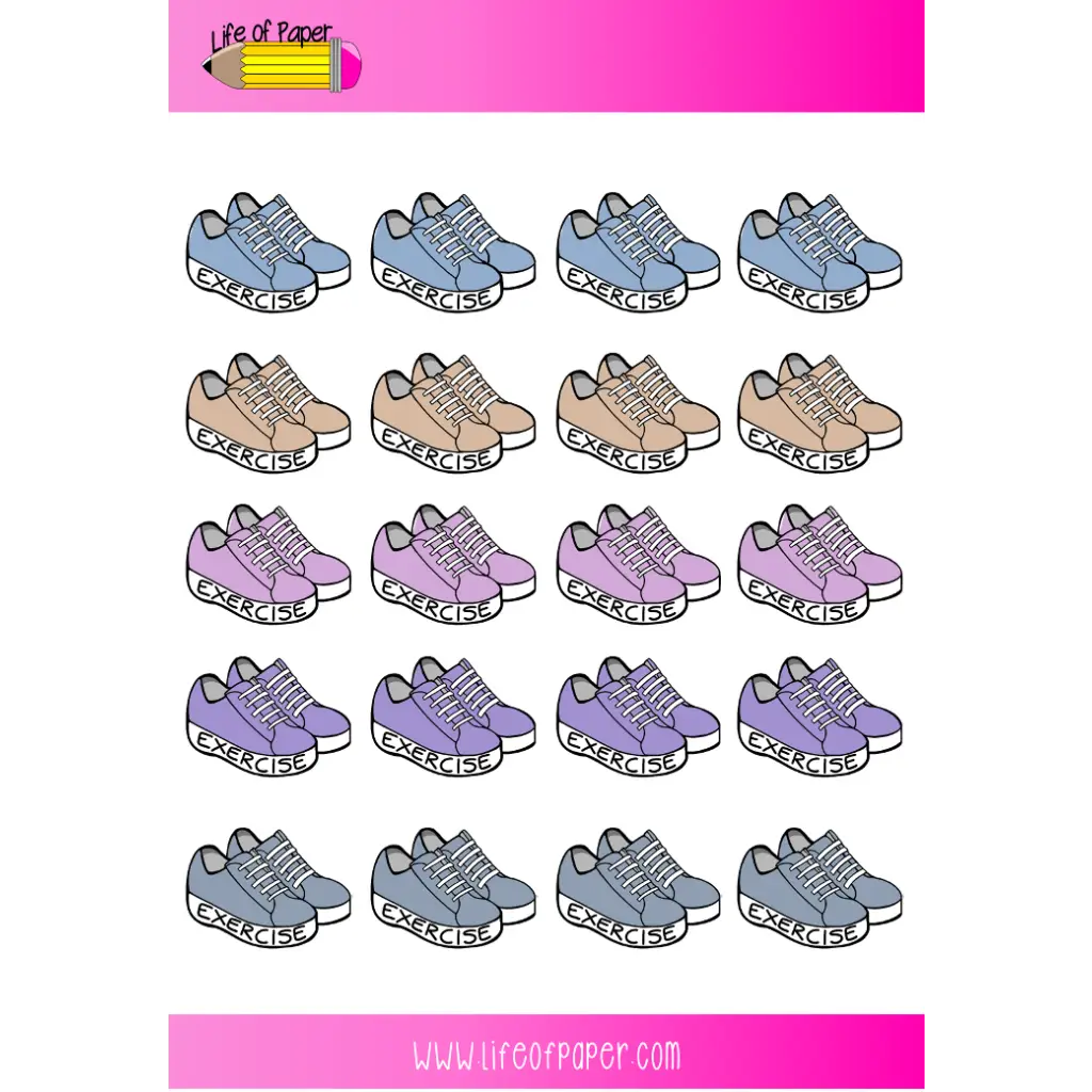A grid of colorful Exercise Planner Stickers with "EXERCISE" written on the sides serves as stylish exercise reminders. The stickers come in blue, brown, purple, and gray. Images are neatly arranged in a pattern on a white background with pink borders. The site name "Life of Paper" is featured at the top and bottom.