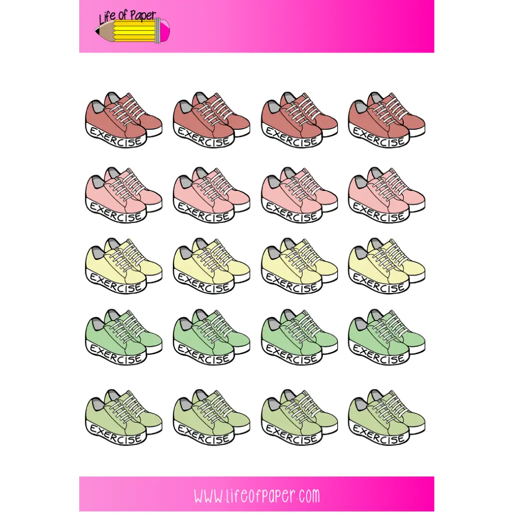A grid of sixteen illustrated sneakers labeled "EXERCISE" in various colors, including pink, yellow, light green, and dark green. The title "Life of Paper" appears at the top with a pencil logo, and the website "www.lifeofpaper.com" is at the bottom. Perfect for Exercise Planner Stickers or as work-out planner stickers.