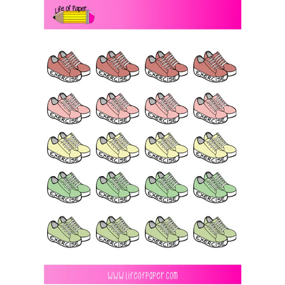 A grid of sixteen illustrated sneakers labeled "EXERCISE" in various colors, including pink, yellow, light green, and dark green. The title "Life of Paper" appears at the top with a pencil logo, and the website "www.lifeofpaper.com" is at the bottom. Perfect for Exercise Planner Stickers or as work-out planner stickers.