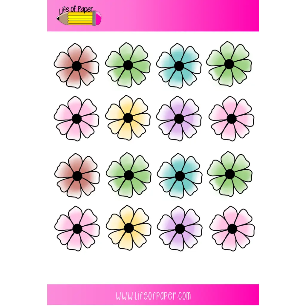 An image features a 4x4 grid of colorful, gradient Flower Planner Stickers with a black center. The flowers and their petals vary in colors, including pink, green, blue, and purple. Perfect for a bullet journal or planner. At the top and bottom are pink banners with "Life of Paper" and a website URL.