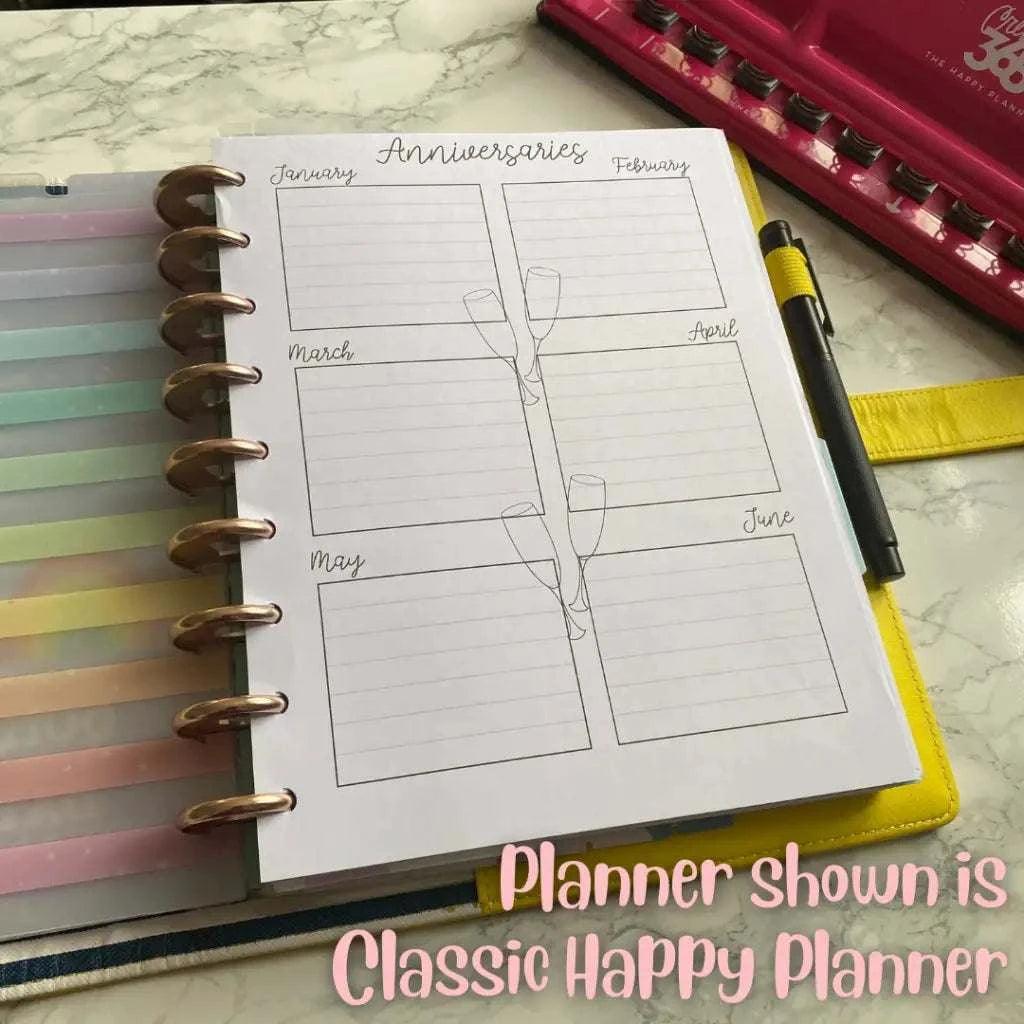 An open planner labeled "Anniversaries" with two pages visible: one page has sections for January to June, each with a pair of champagne glasses. Adjacent is a set of colorful dividers. Text at the bottom says, "Planner shown is Birthday and Celebration Calendar - perfect for tracking special occasions.