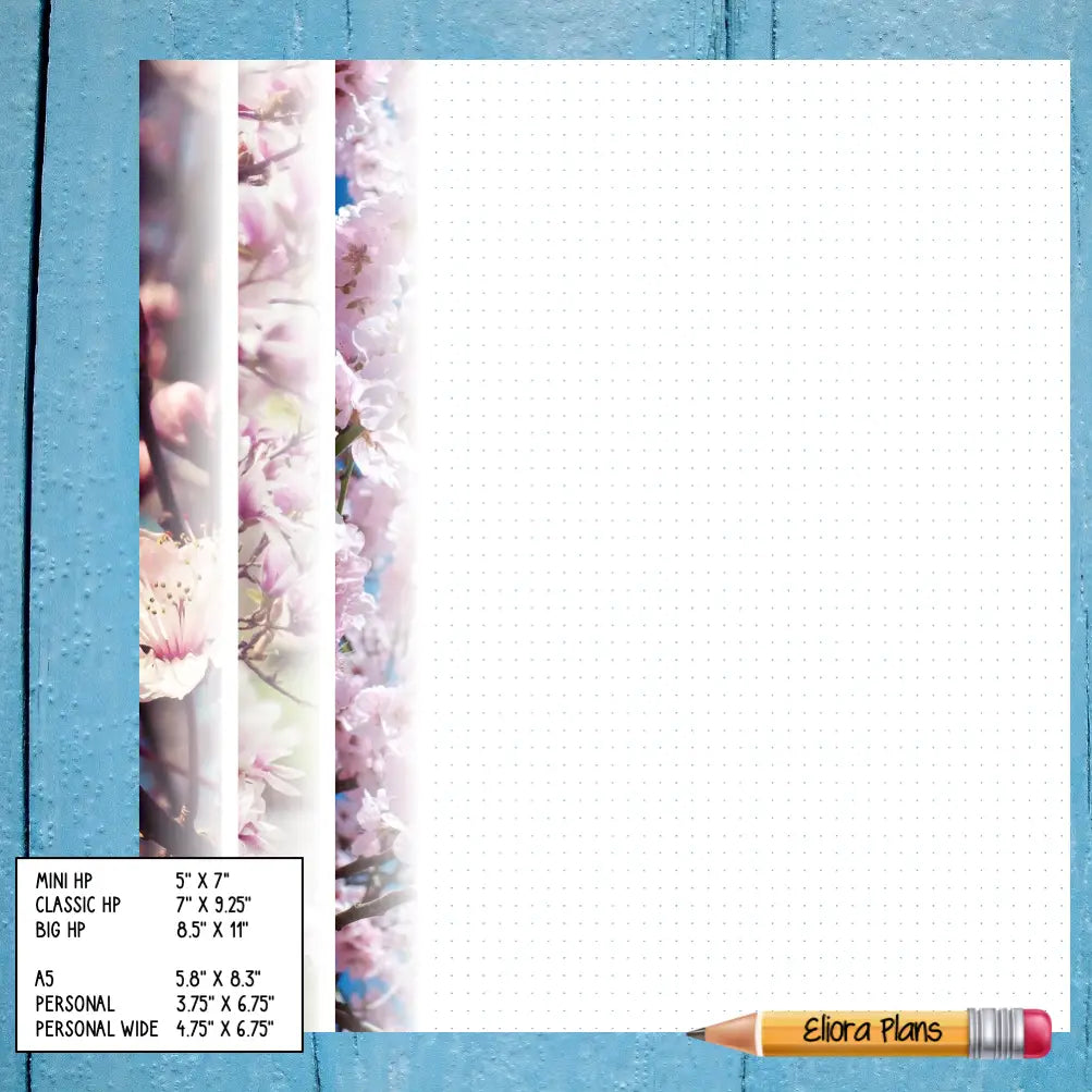 A notepad with a floral design on the left margin rests on a blue wooden surface. At the bottom left corner, a small chart lists various paper sizes. A pencil labeled "Elora Plans" lies at the notepad's bottom right, perfect for planning your day with Blossom Themed Notepaper.