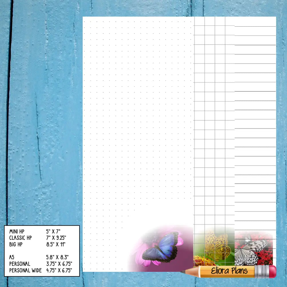 A blue wooden background showcases a planner page featuring dot grid on the left and vertical columns on the right. The bottom corner displays a pencil with "Butterfly Themed Notepaper" text, alongside small images of a butterfly design, sunflowers, and a garden scene. Planner sizes are listed.