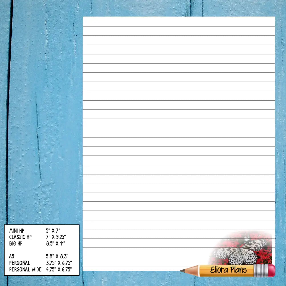 A blank, lined sheet of paper on an aqua-blue wooden background. A pencil labeled "Ellora Plans" with a floral pattern and eraser rests at the bottom right corner. A size chart for various paper dimensions appears at the bottom left corner, perfect for your Butterfly Themed Notepaper needs.