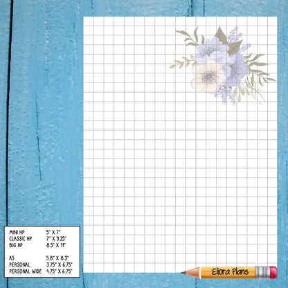 A blue grid notebook sheet with a floral design at the top right corner. A pencil labeled "Eilora Plans" lies at the bottom right. A white box at the bottom left displays various notepaper sizes: Mini HP, Classic HP, Big HP, A5, Personal, and Personal Wide—perfect for any planner or journal setup with Floral Themed Notepaper.
