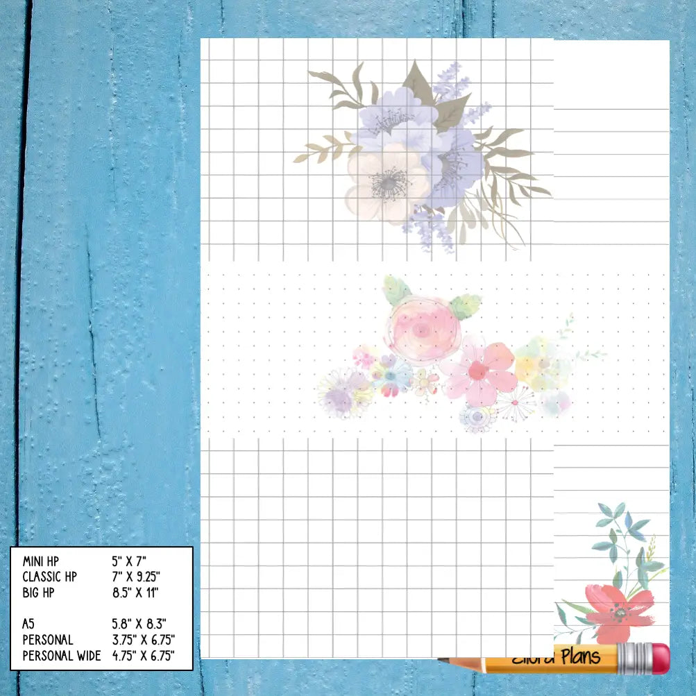 A piece of Floral Themed Notepaper with floral designs at the top, center, and bottom right corner. The background is a blue wooden surface. A pencil with "Erica' Plans" written on it is placed at the bottom right. A sizing guide for various planner sizes is in the bottom left corner, perfect for your next journal.