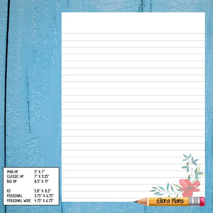 A Floral Themed Notepaper sheet with a floral design and pencil at the bottom right corner, over a blue wooden background. At the bottom left is a size chart for various planner types, listing dimensions for Mini HP, Classic HP, Big HP, A5, Personal, and Personal Wide.