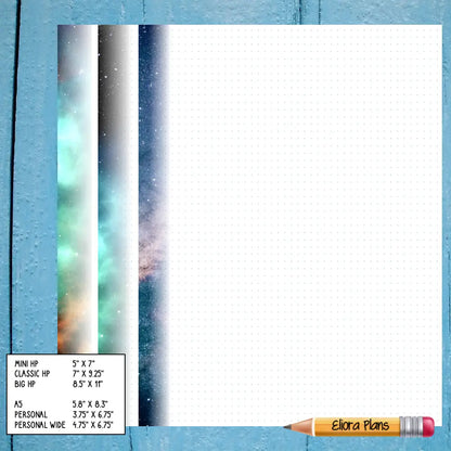 A notebook page with Galaxy Themed Notepaper displays various sizes of paper on the left, ranging from smaller to larger. The bottom left has a chart listing their dimensions. A pencil labeled "Elora Plans" is placed horizontally at the bottom right. The backdrop is a blue, wooden surface.