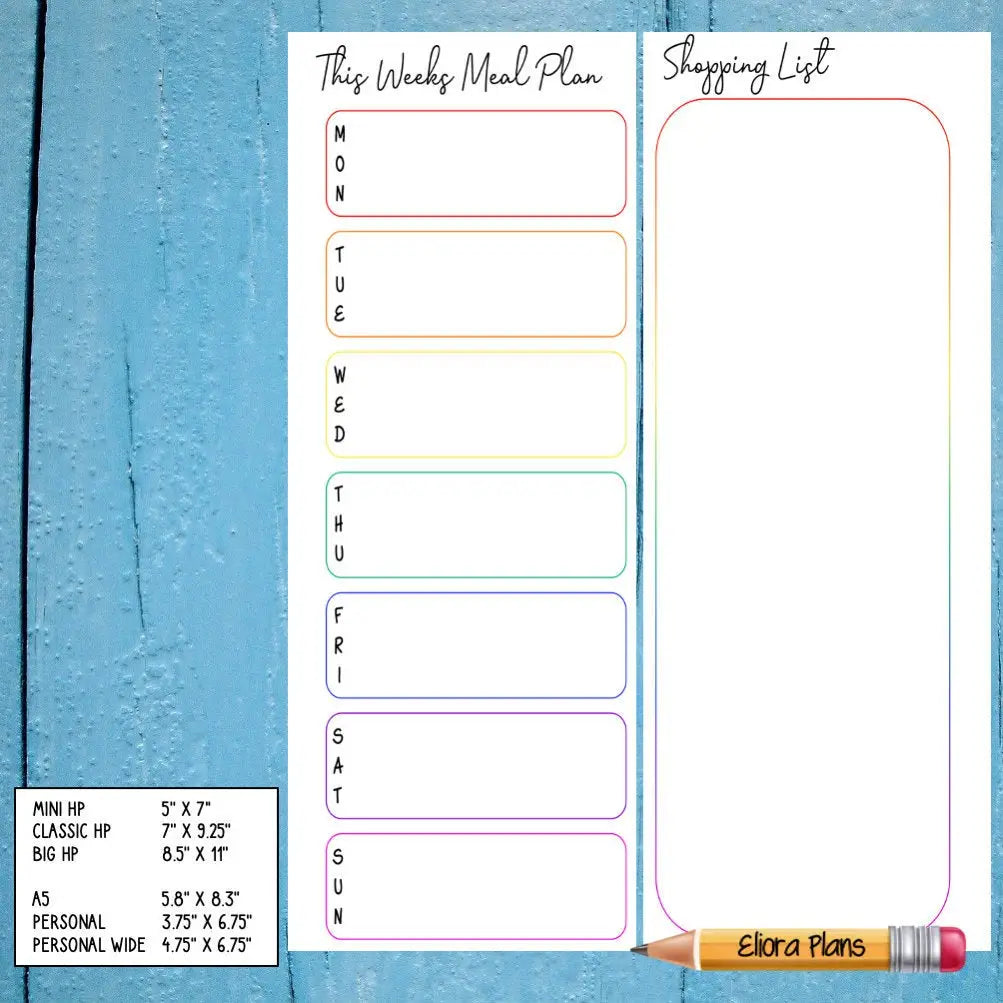 A Meal Planning And Shopping List weekly meal planning template titled "This Week's Meal Plan" features designated boxes with colored outlines for each day from Monday to Sunday. An included shopping list section on the right keeps you organized. A pencil labeled "Ellora Plans" and dimensions for various paper inserts are noted at the bottom.