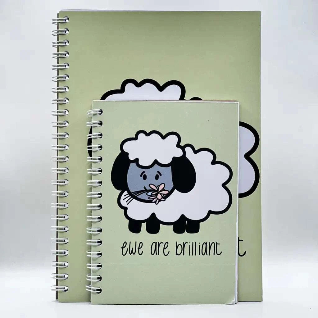 Mini Ewe Are Brilliant Notebook: Two spiral-bound notebooks, one large and one small, with a light green cover featuring an illustration of a cute sheep holding a pink flower. The text on the smaller notebook reads "ewe are brilliant." Each notebook contains 40 pages, perfect for jotting down your brilliant notes.