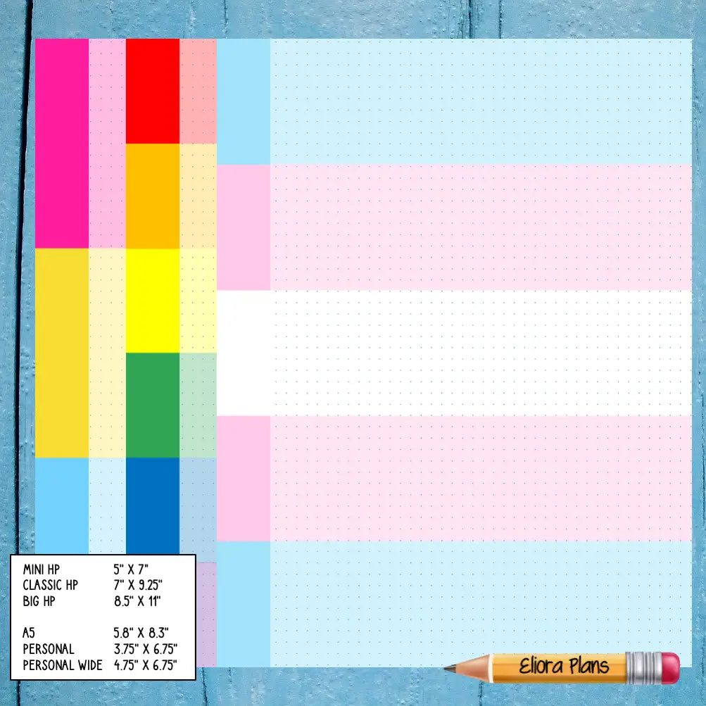 A pastel planner page with grid lines features vertical color swatches in pink, red, orange, yellow, green, and blue—perfect as a Pride Community Flag Themed Notepaper filler. Planner size options are denoted at the bottom left. A pencil with "Elora Plans" is placed in the lower right corner. The wooden background adds warmth.