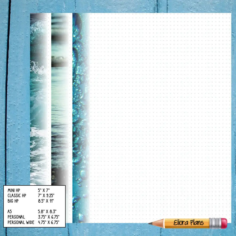 Image of a dotted journal page against a blue wooden background. Three vertical designs of ocean waves, bubbles, and abstract water patterns are shown on the left side. A table lists paper size dimensions for Water Themed Notepaper, and a pencil labeled "Ellora Plans" lies at the bottom right corner.