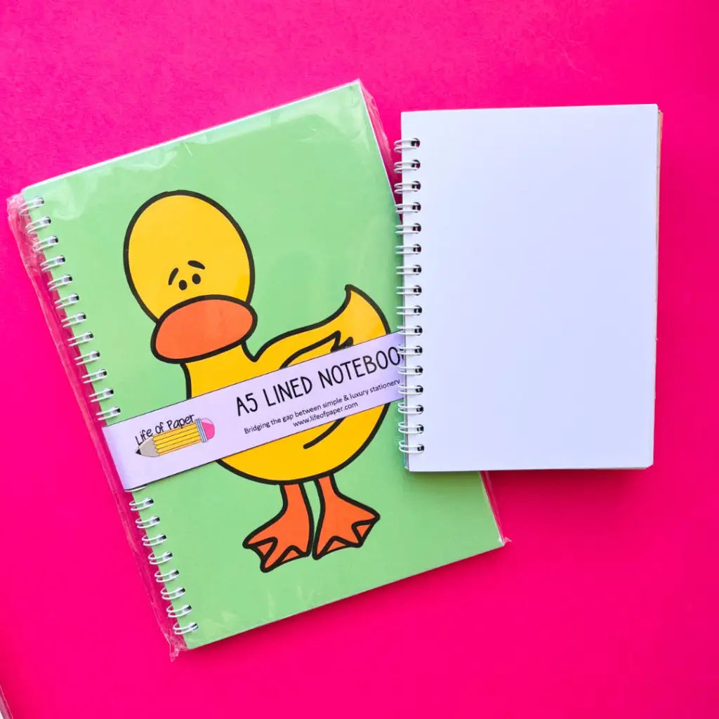 Two spiral-bound notebooks on a bright pink background. The left notebook, labeled "Worried Duck Notebook," has a green cover featuring a yellow cartoon duck, looking quite worried. The right notebook is smaller and has a plain white cover. Perfect for note-taking with a touch of whimsy!